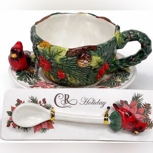 Corner Ruby Garden Collection 3 Pc Cardinal Teacup Saucer Spoon Set NEW